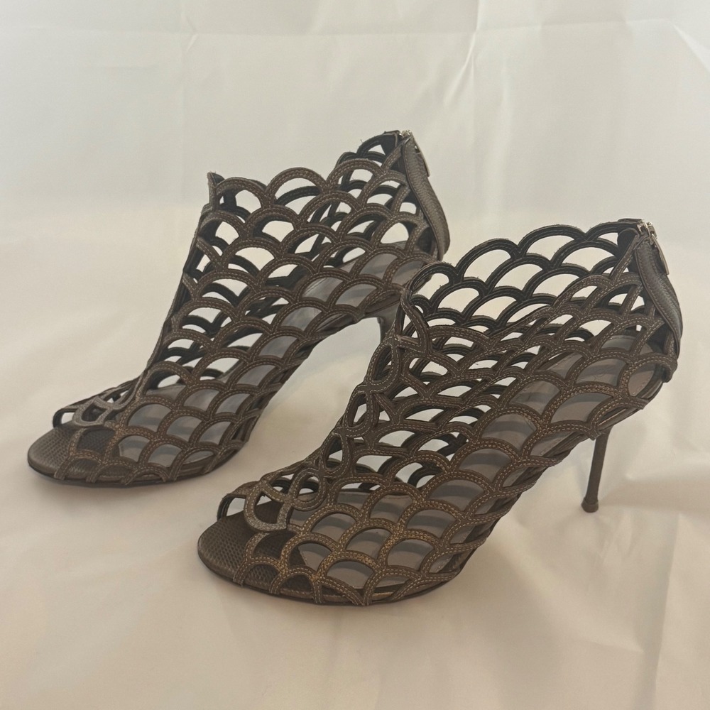 Sergio Rossi Metallic Bronze Leather Cutout Cage Peep Toe Heel 39.5 Itly Mermaid